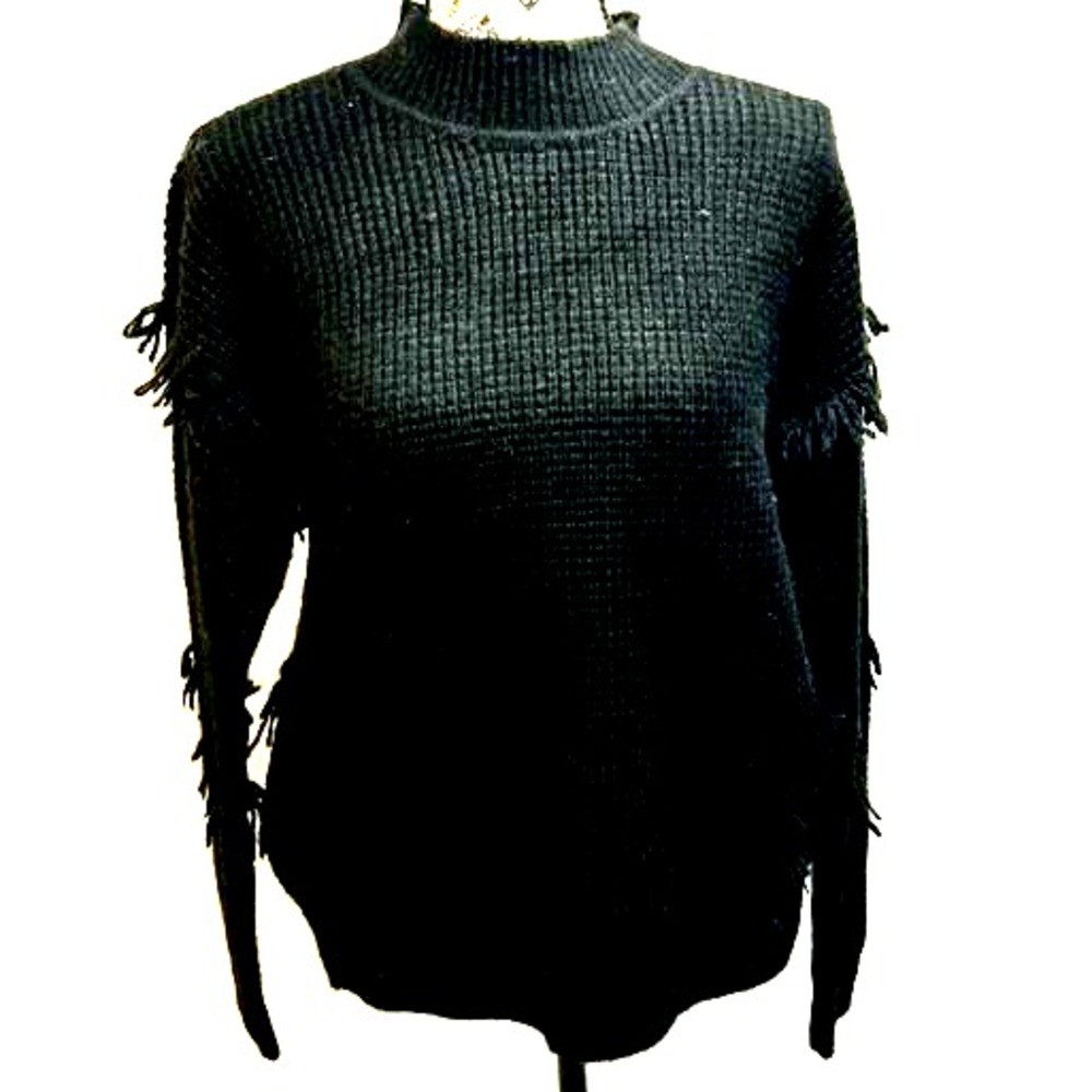 Michael Kors Black Fringe Cable Knit Sweater Top Womens L QF3606DCFP